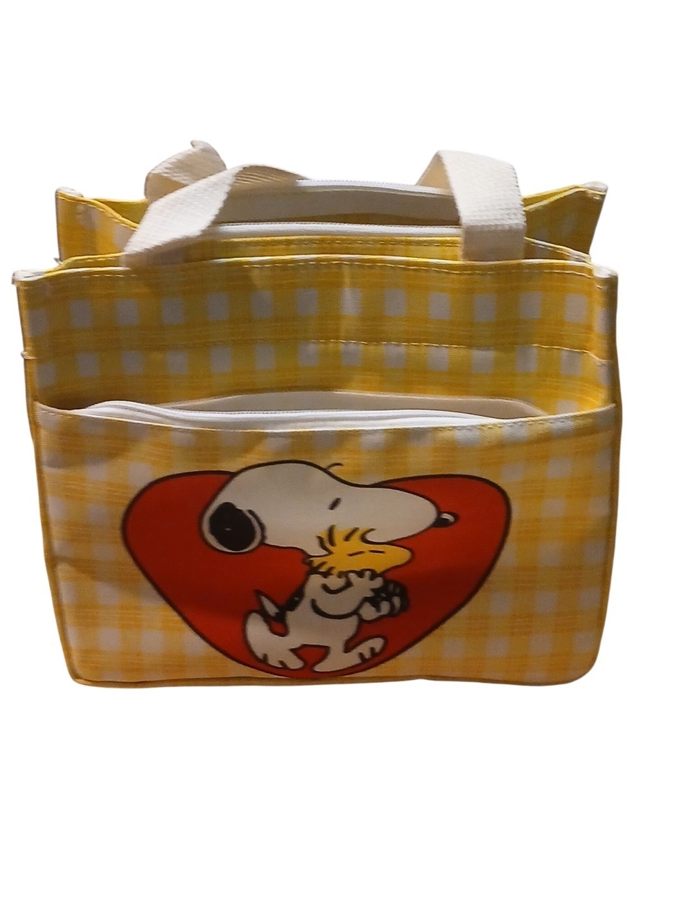 Peanuts - Yellow & White Checkered Medium Size Bag Snoopy & Woodstock in a Heart